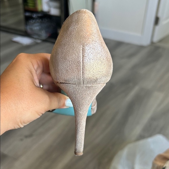 Betsey Johnson Gold Peep-Toe Heels with Rhinestone Bow - Picture 4 of 6